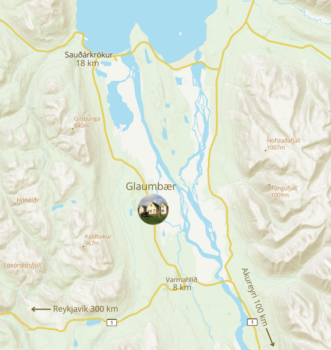 Glaumbær is about 100 km or 1 hour drive from Akureyri and about 300 km from Reykjavík. Glaumbær is only about a 5-minute drive from Route 1.