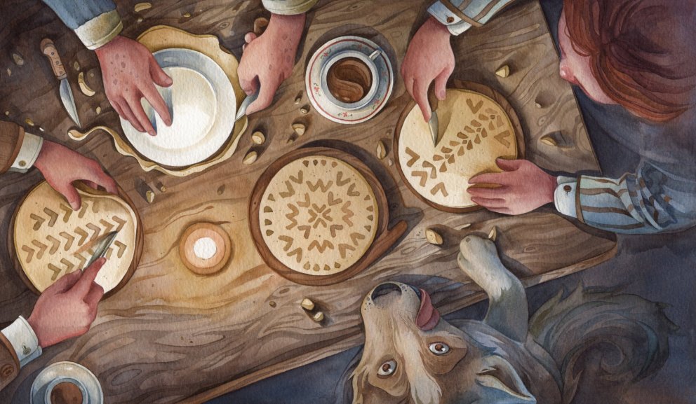 Sögupersónur í Vetrardagur í Glaumbæ skera út í laufabrauð.