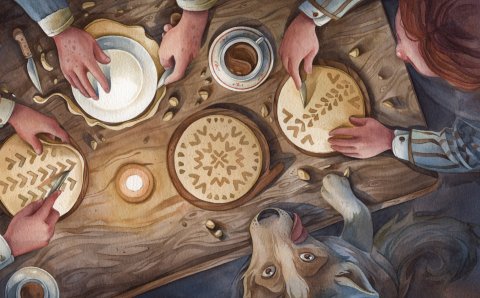 Sögupersónur í Vetrardagur í Glaumbæ skera út í laufabrauð.